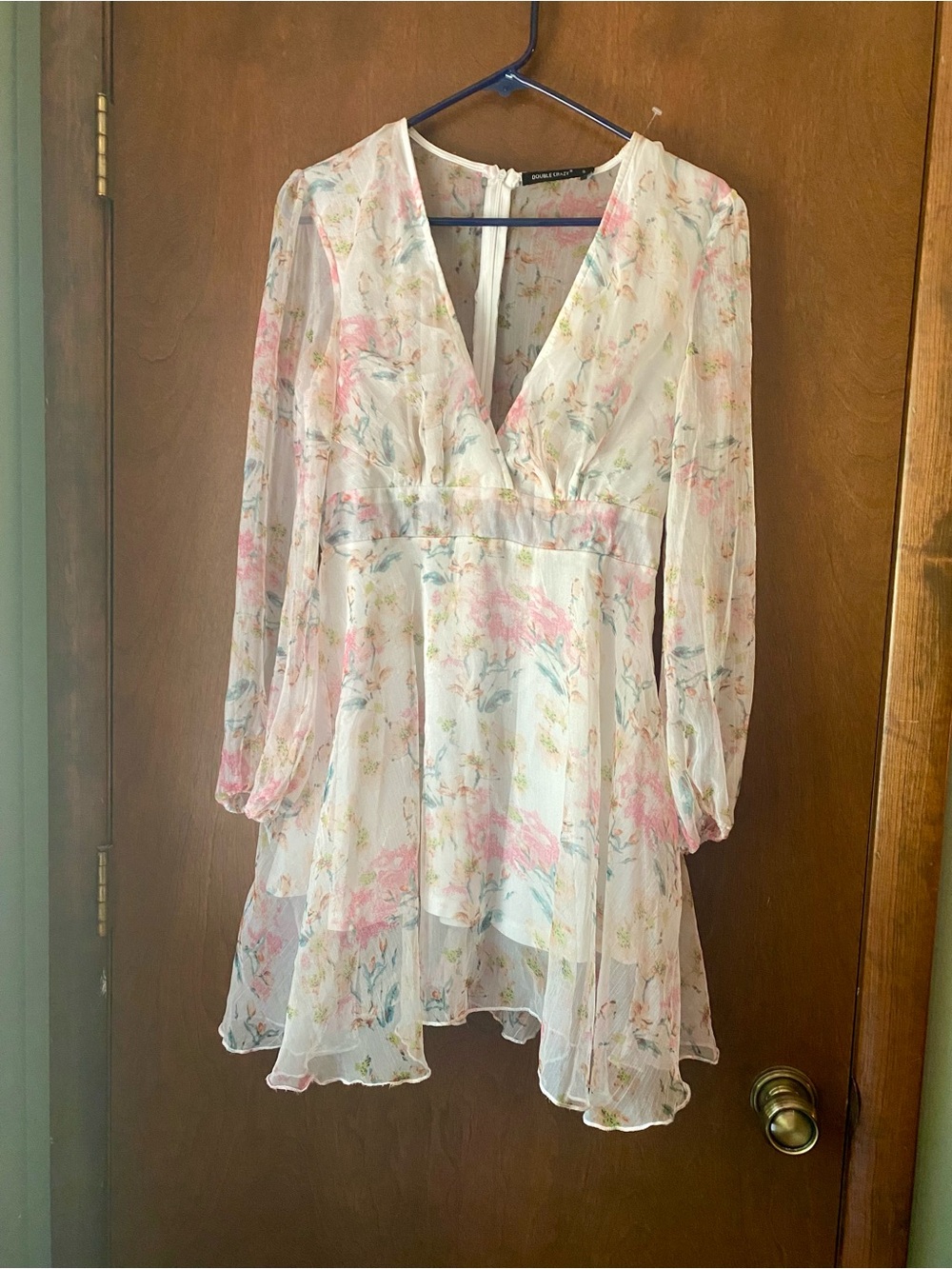 Sheer Floral V-Neck Long Sleeve Dress - White with Pink & Blue